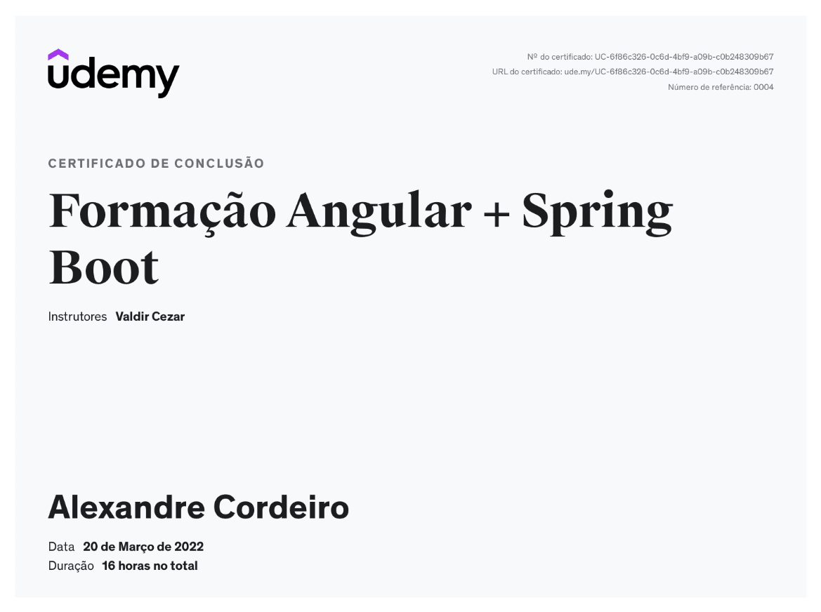 certificado de angular e spring bot de Alexandre Cordeiro folha 1