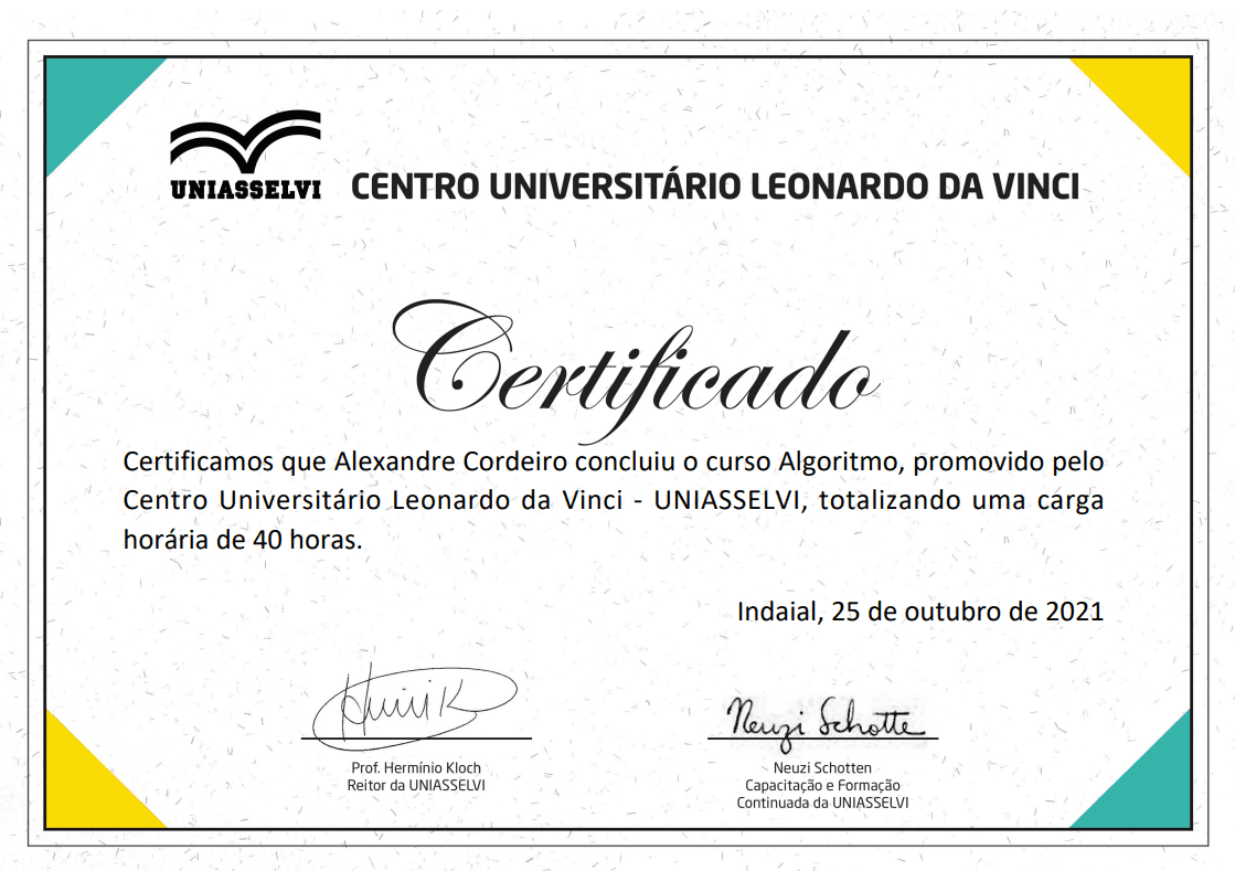 certificado de algoritmo de Alexandre Cordeiro folha 1