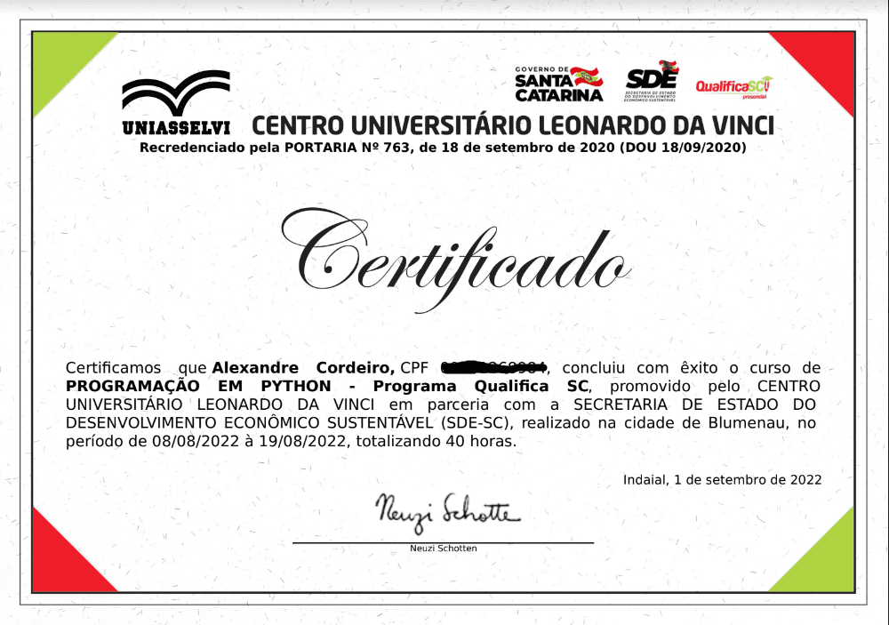 certificado de Python de Alexandre Cordeiro folha 1