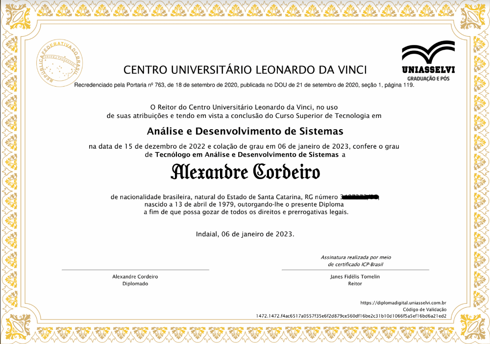diploma de Alexandre Cordeiro folha 1