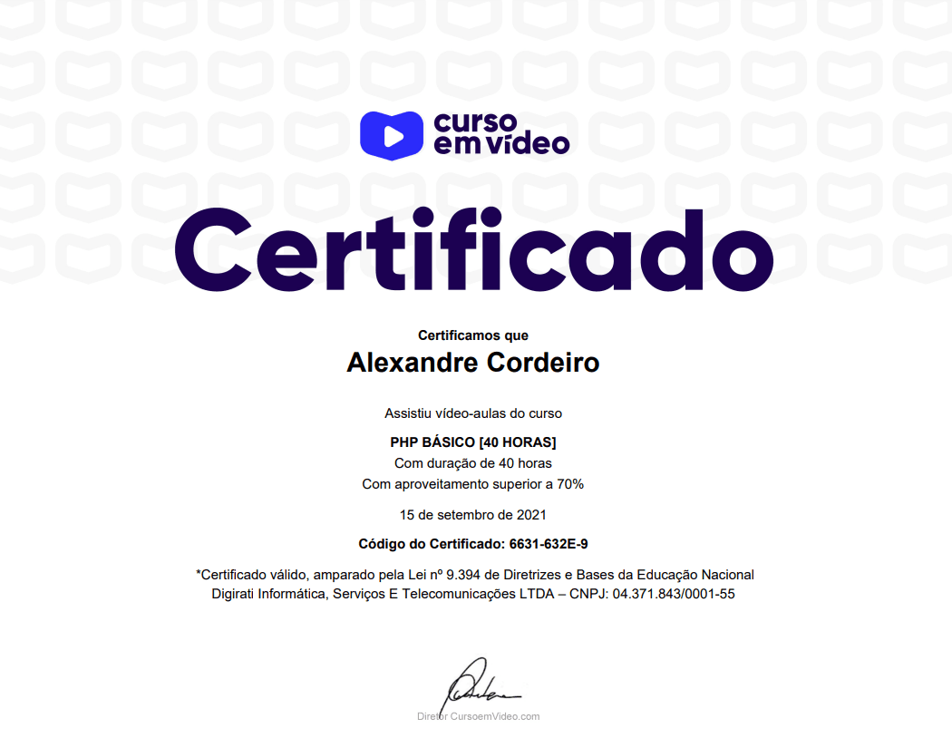certificado de PHP de Alexandre Cordeiro folha 1